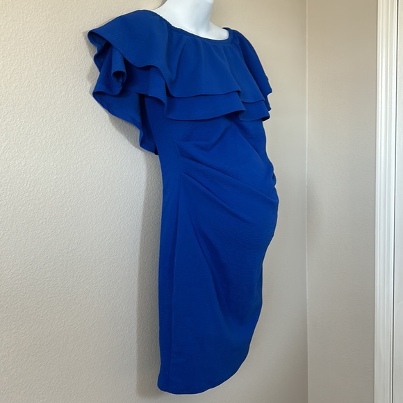PinkBlush Cobalt Royal Blue Double Layer Ruffle Off Shoulder Maternity Dress - Picture 6 of 9